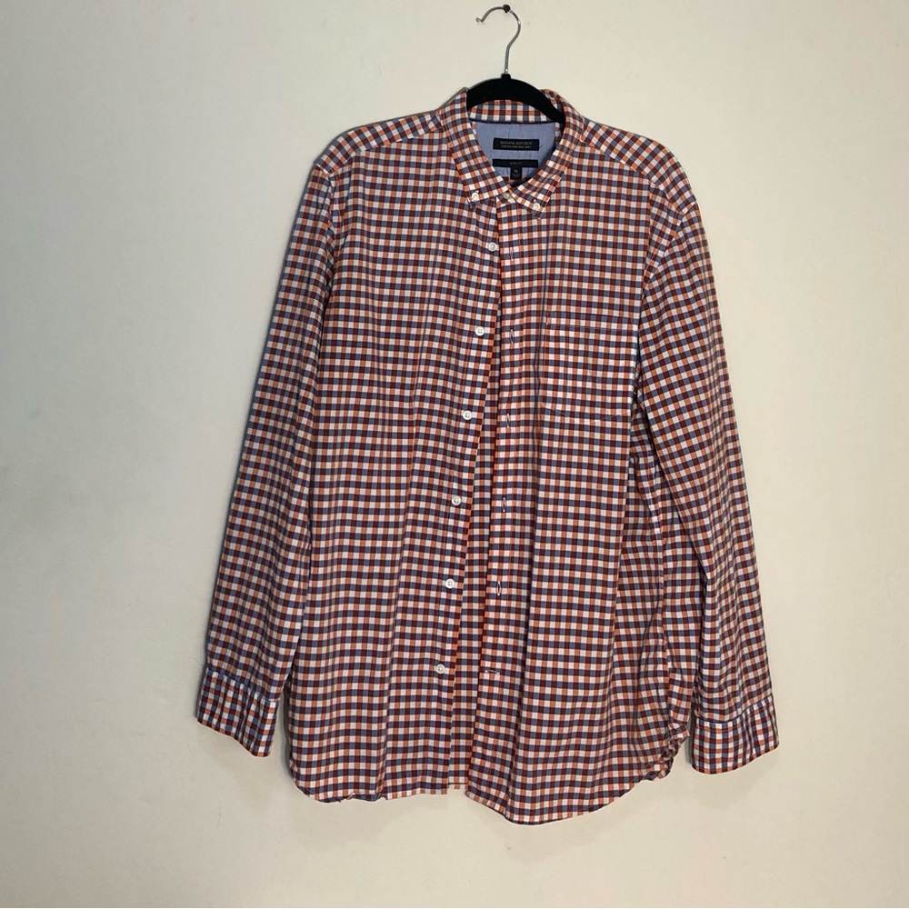 BANANA REPUBLIC XL Slim fit Long Sleeve Button Down Shirt Men Orange Blue Plaid